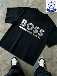 100% Organic Cotton Men's Boss Camo Letter Print Loose Fit T-Shirt Streetwear, Casual Street Style, Short Sleeve, Asymmetrical Design, Long Clothing