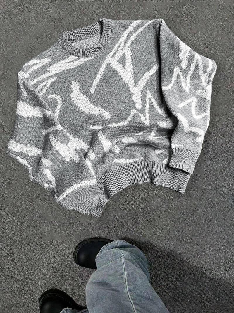 Men's Geometric Print Drop-Shoulder Sweater Pullover, Casual Street Comfy Long Sleeve Round Neck Jumper for Fall & Winter, Men's Knitwear for Daily Wear Men's Geometric Print Drop-Shoulder Sweater Pullover, Casual Street Comfy Long Sleeve Round Neck Jumper for Fall & Winter, Men's Knitwear for Daily Wear