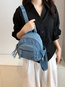 New Vintage Washed Denim Mini Backpack for Women, Adjustable Straps, Multi-Color, Casual Crossbody Bag, Y2K Style, Durable, Multiple Pockets