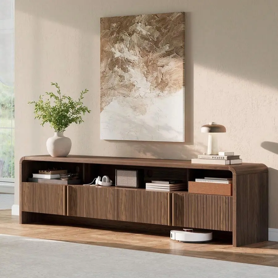70" Rectangular Pine Wood TV Stand - Modern Living Room Media Console with Fluted Finish Doors, Storage Cabinets, Pre-Drilled Parts, Anti-Tip Base, Fits Up To 80" TVs
