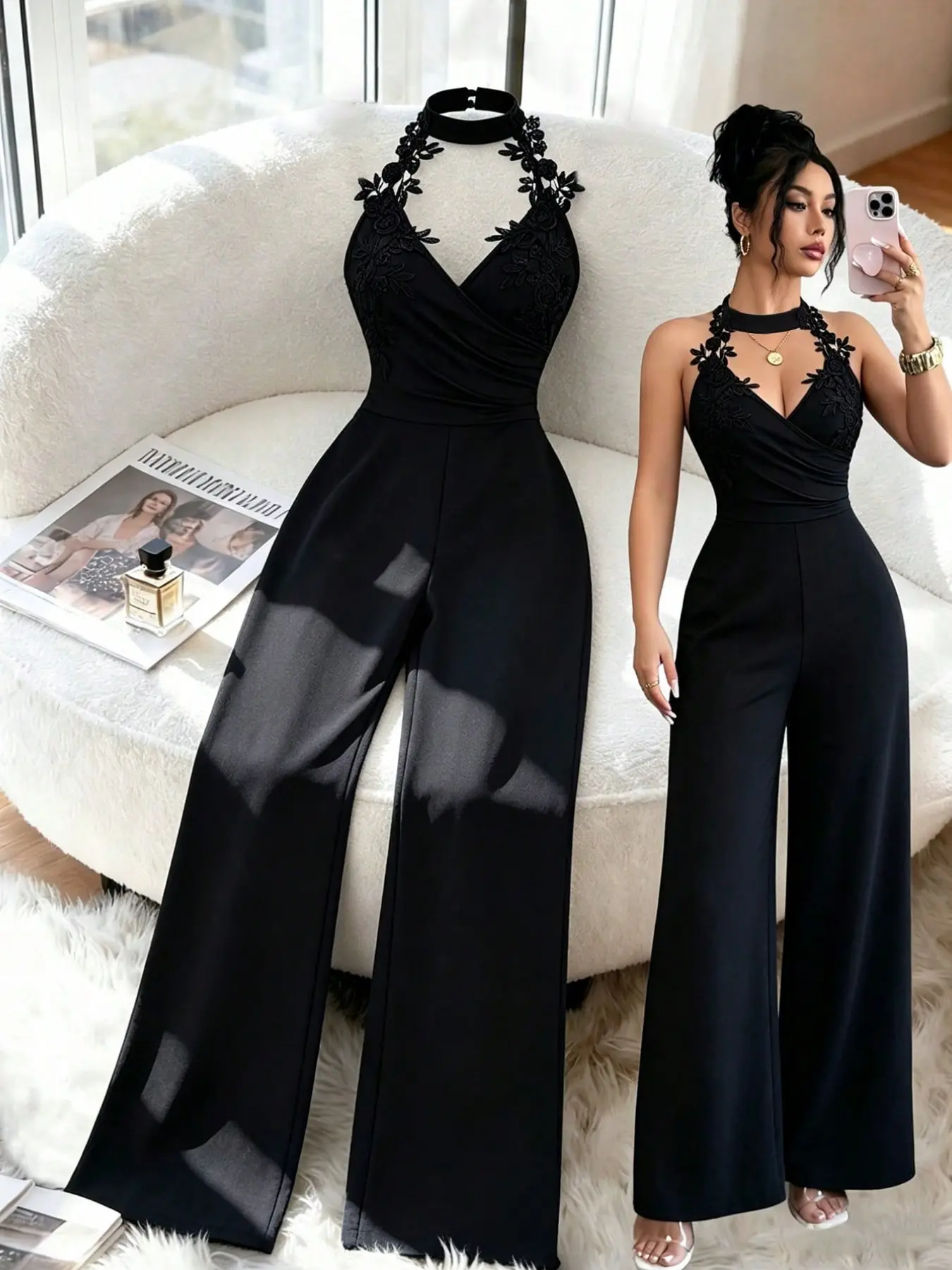 Floral Lace Halter Deep V Cross Back High Waist Bodycon Pants, Sexy & Elegant Design for Dates & Parties, Perfect Fit for Special Occasions