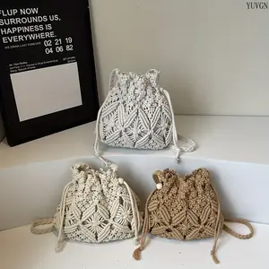 Boho Woven Drawstring Bucket Bag, Minimalist Urban Crossbody Shoulder Purse, Trendy Niche Sling Bag for Spring Outings, Beach Vacations & Casual Everyday Use