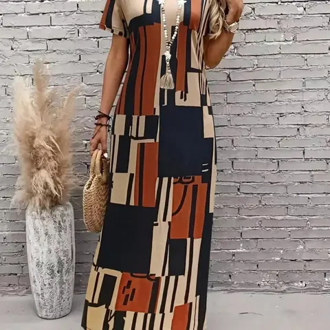 Women's New Summer Fashion Dress, V-Neck Geometric Print Long Dress, Slimming and Elegant, Trendy Ladies' Clothing, Casual Chic Dress, Perfect for Warm Weather and Casual Wear
