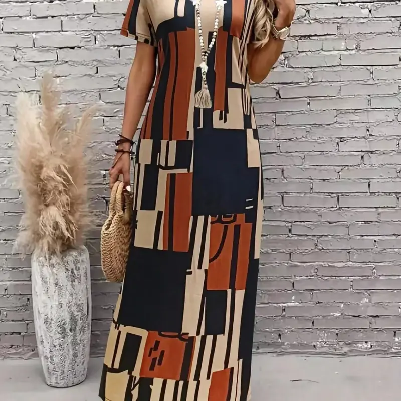 Women's New Summer Fashion Dress, V-Neck Geometric Print Long Dress, Slimming and Elegant, Trendy Ladies' Clothing, Casual Chic Dress, Perfect for Warm Weather and Casual Wear