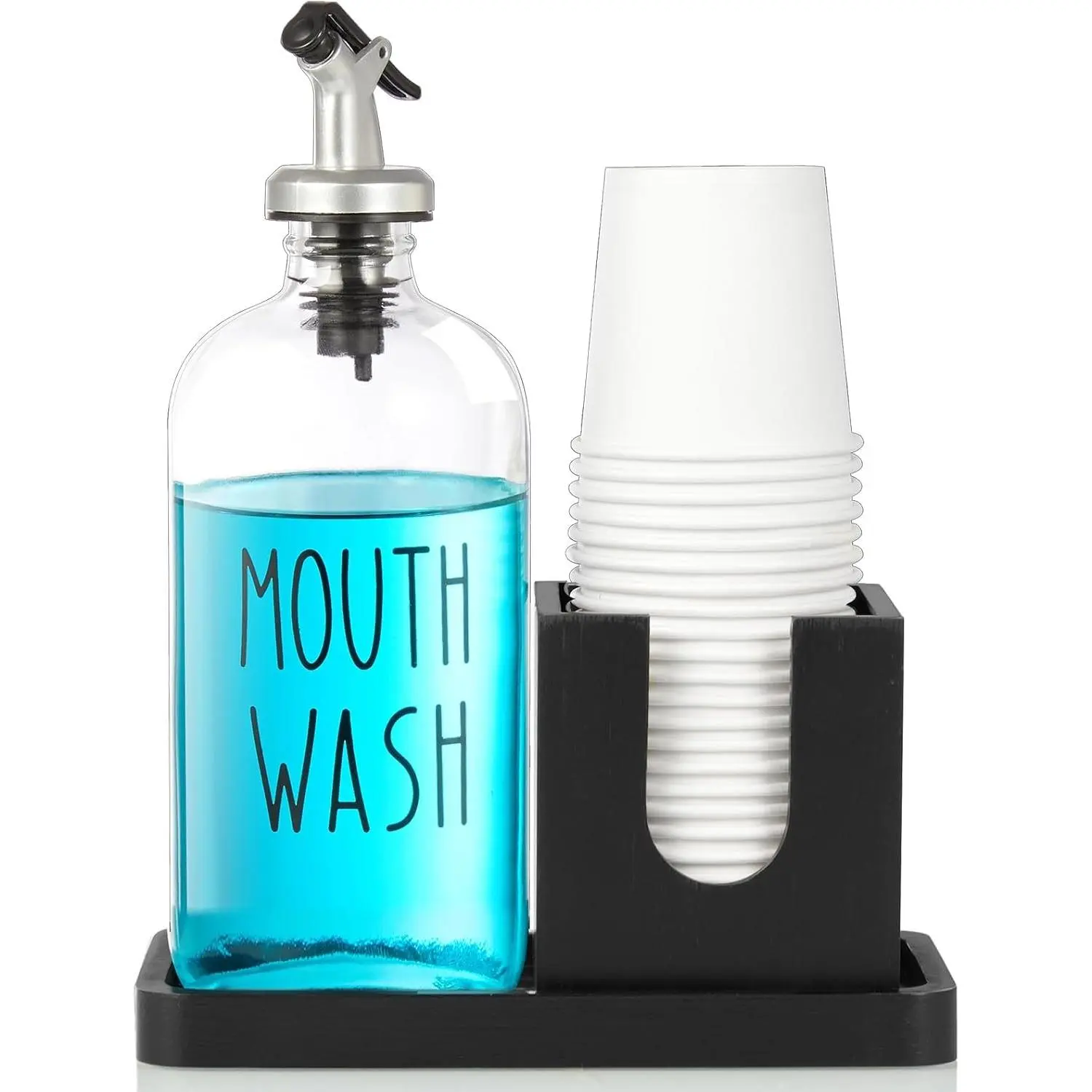 16oz Black Glass Mouthwash Dispenser with Flip Cap, Pour Spout, Wooden Cup Holder & Tray - Farmhouse Bathroom Kitchen Decor Accessory, Home Supplies Gift, Tray Set