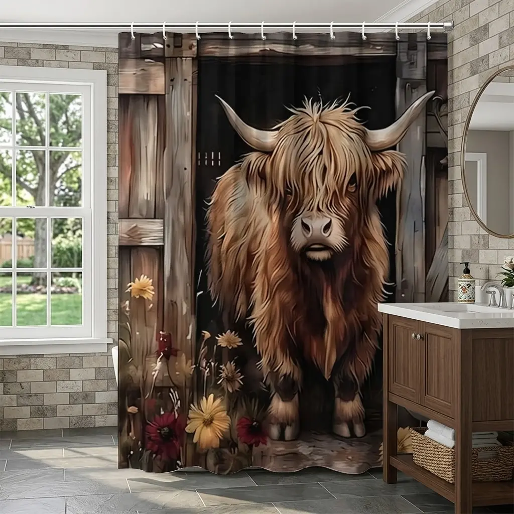 1pcs Rustic Wooden Barn Door Decorative Shower Curtain, Highland Cow & Rooster, Vintage Farmhouse Animal Art, Country Style Bathroom Decor