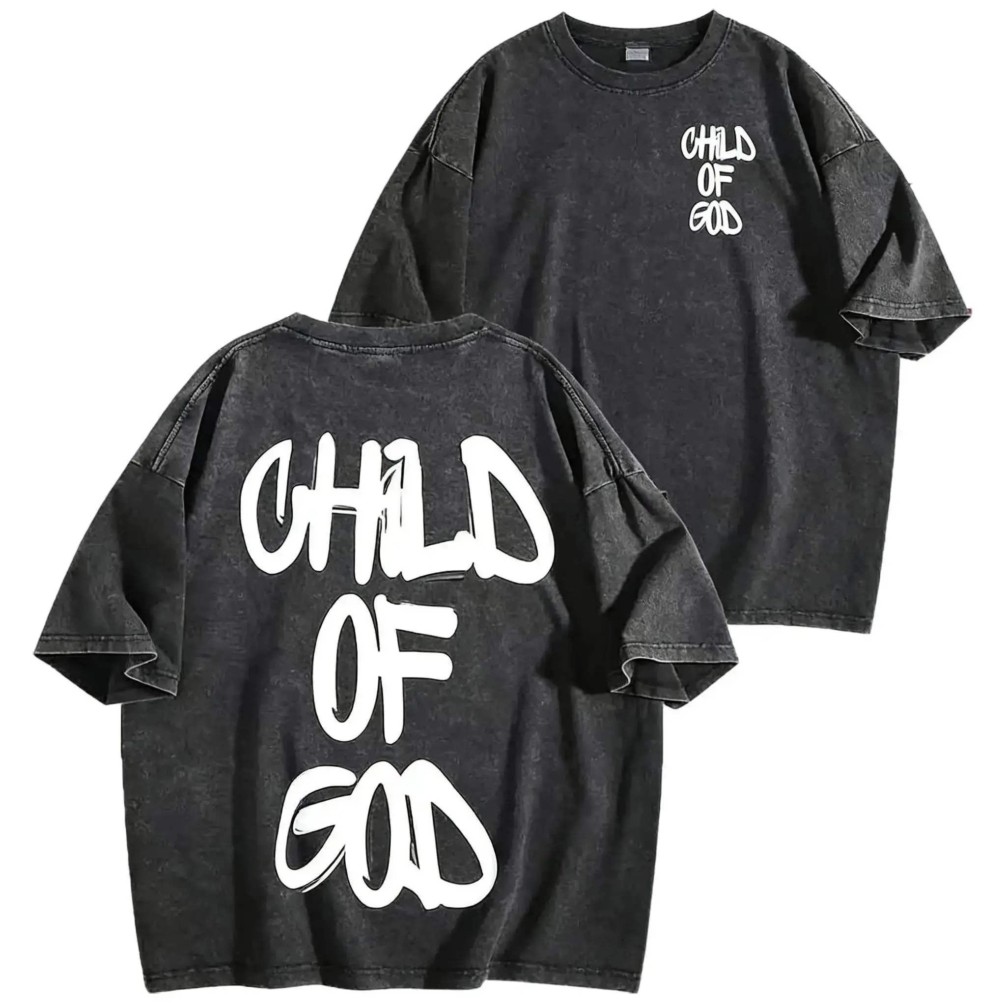 Double-Sided Washed Oversized Drop Shoulder T-Shirt, 100% Cotton Vintage Washed Tee, Distressed Retro Graphic Top, over aized
