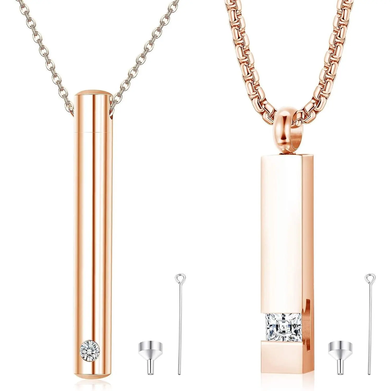 2-Piece Keepsake Urn Necklace Set for Ashes, Elegant Geometric Stainless Steel Pendants with Bar & 5mm CZ, Unisex Casual Memorial Jewelry, Daily, Metal