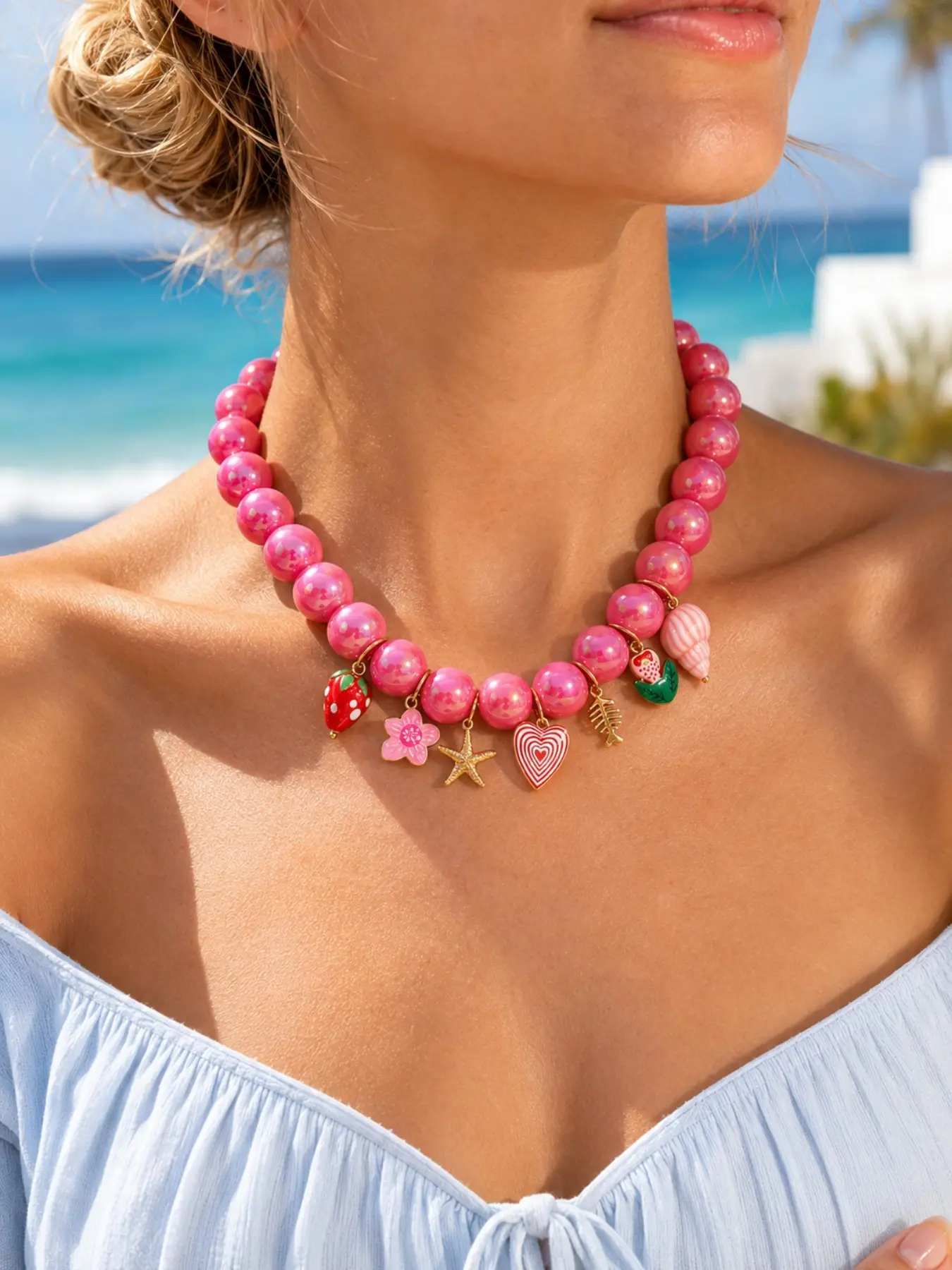 1PC Pink Beaded Charm Necklace, Strawberry Heart Starfish Shell Pendant Statement Necklace, Colorful Summer Beach Jewelry, Vacation Outfit Accessory, Back to School Style, Wedding Guest Jewelry, Bridesmaid Gift, Holiday Gift