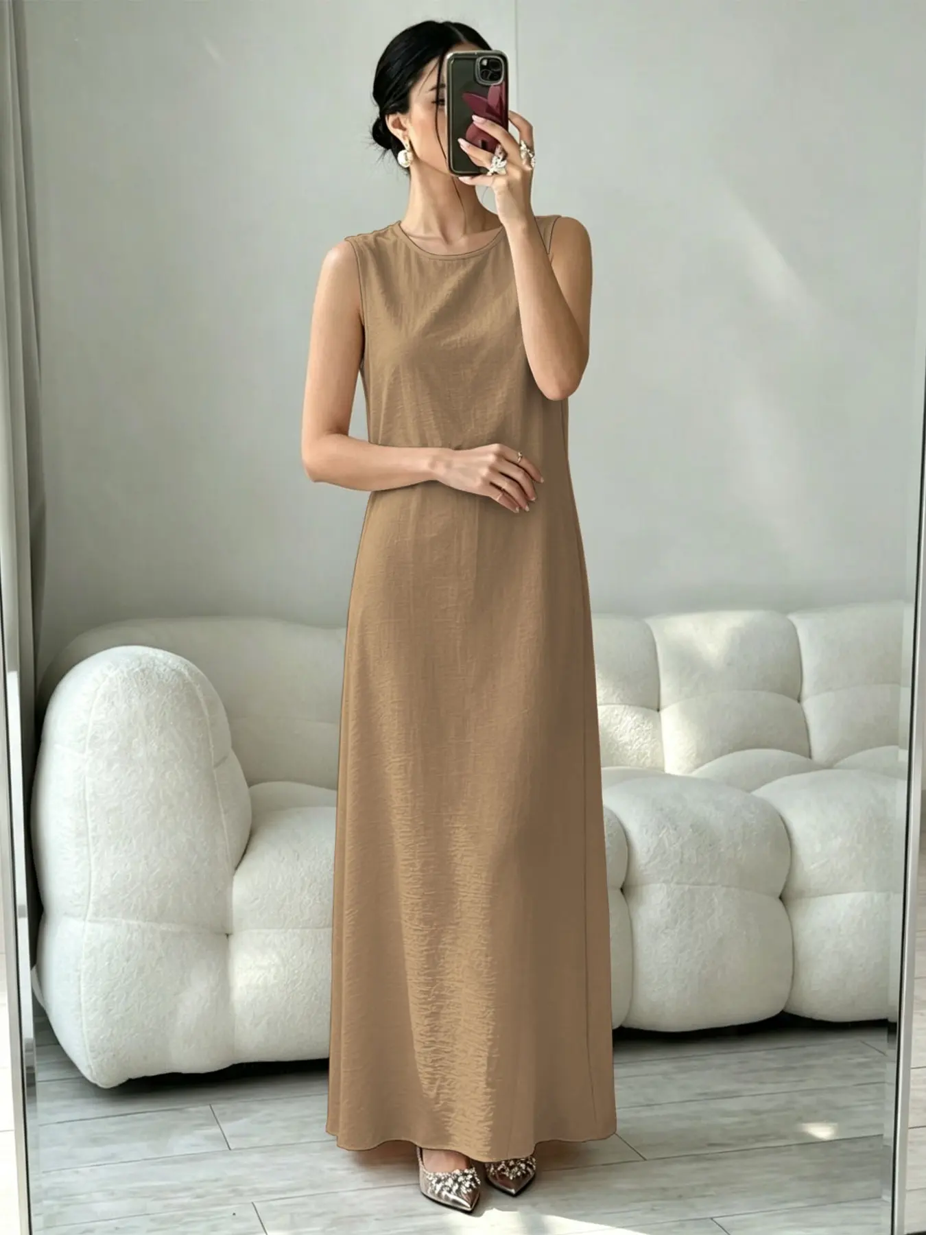 Sleeveless Round Neck Maxi Dress, Elegant Abaya Long Gown for Women, Casual Modest Full Length Dress, All Seasons Everyday Outings