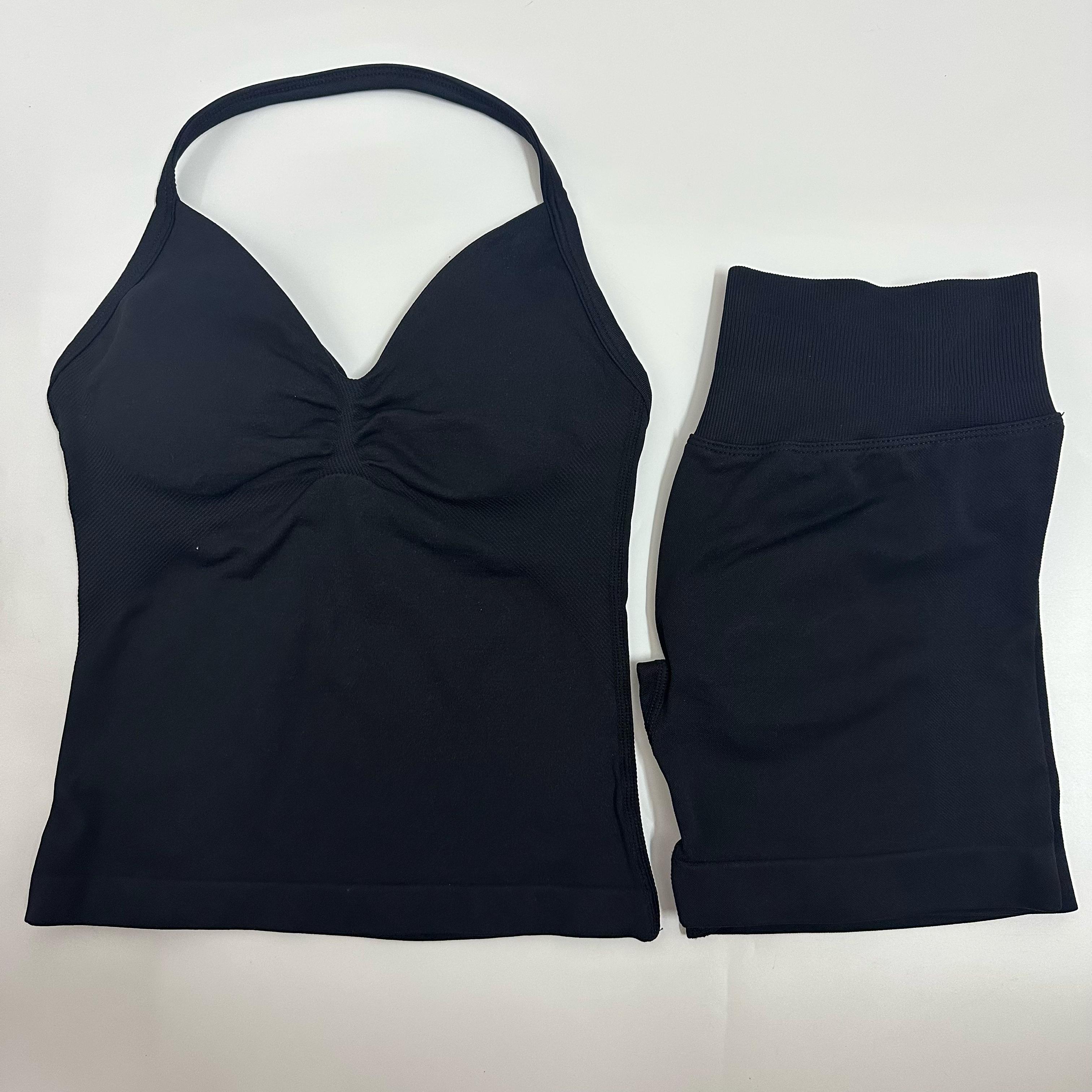 2 Pieces Women Yoga Set Seamless Yoga Longline Strappy Tank Top Scrunch Sports Shorts Gym Clothes Woman Summer Workout Outfit Athleisure Wear