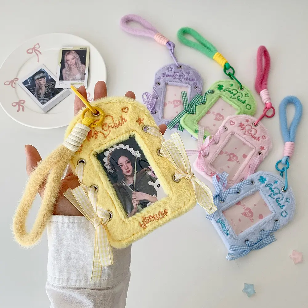 Creative Ribbon Bow Fuzzy Card Holder, Idol Fan Photo Storage Pendant, Cute Lanyard Design, Multiple Colors Available, Id Badge Holder With Lanyard