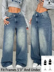 Women's Plus Size Irregular Waist Denim Button Straight Leg Pants, Casual Long Jeans for All Seasons, Comfortable Daily Wear