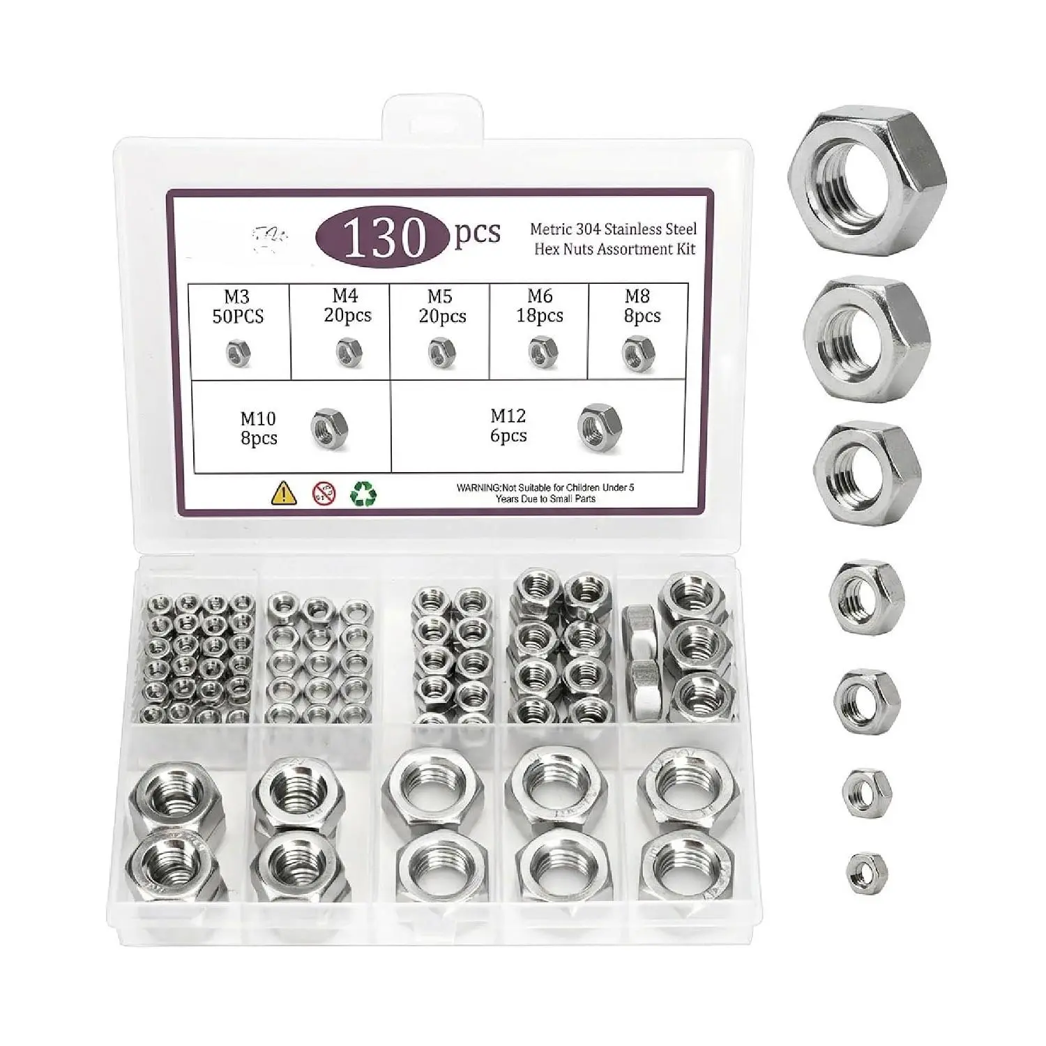 - Metric Hex Nuts  Kit, 7 Sizes, 130 count, Stainless Steel, M3 M4 M5 M6 M8 M10 M12, Hardware Nuts
