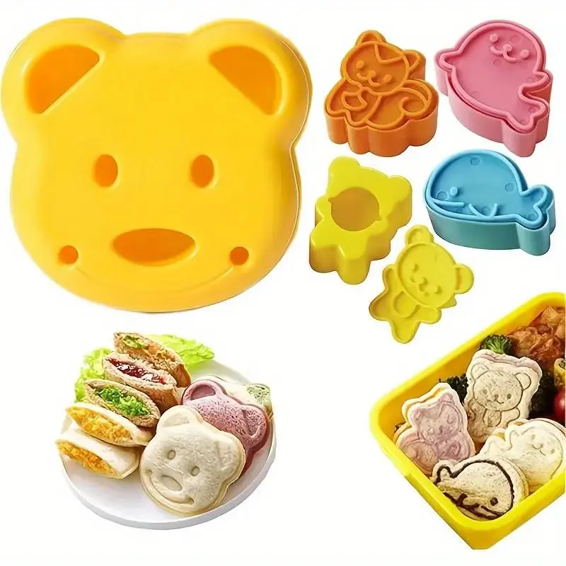 5-Piece Sandwich Cutter Set, Bear Shape Sandwich Cutter and Sealer, Cartoon Animal Bread Stamp, Bento Box Decor, Kitchen Tools, Kitchen Baking Gadget, Random Colors