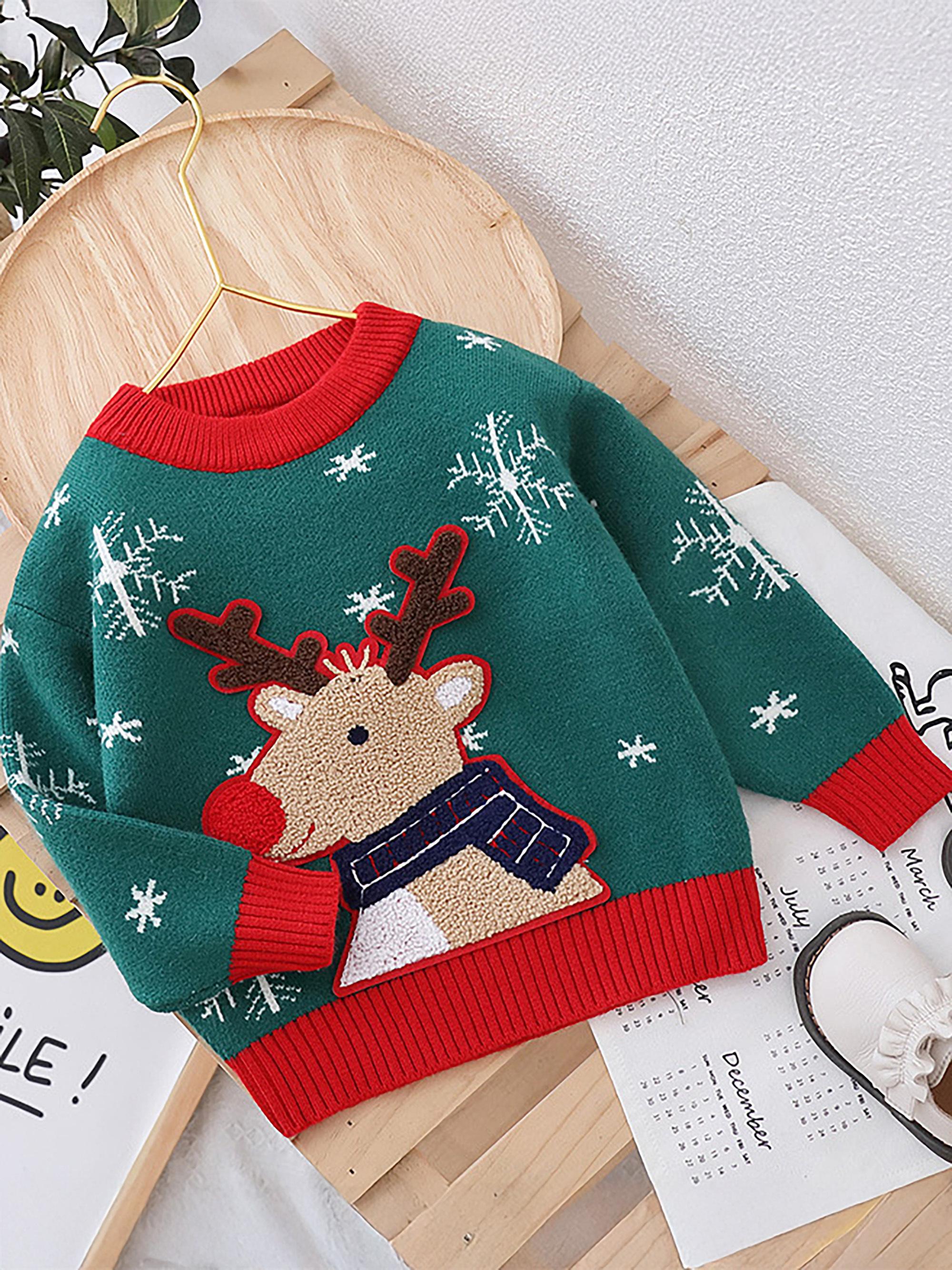 Girls' Christmas Sweater Dress with Snowflake & Reindeer Patterns, Color-Block Pullover Jumper, Loose Fit Round Neck Winter Outfits for Girls & little girls (Hand Washable)