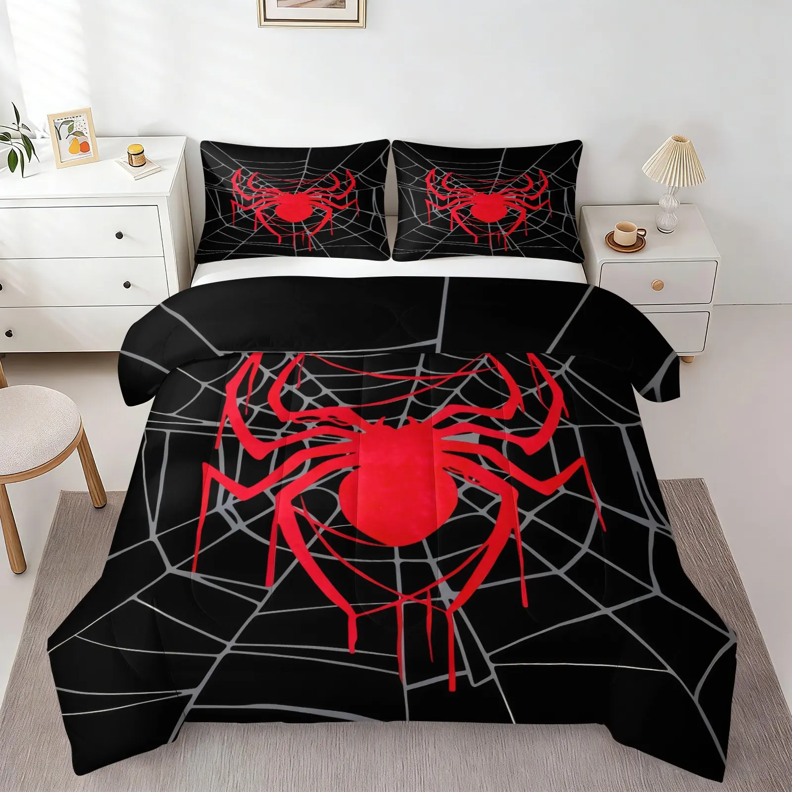 2/3Pcs Red Spider Web Comforter Set, 1 Quilt & 1/2 Pillowcase No Pillow Insert, Black Dark Gothic Print Decorative Bedding Set, Soft All Season Fabric, Cool Gift for Teens Boys Comic Fans Bedroom Decor