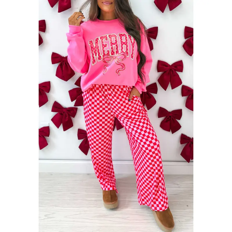 BF Women's 2-Piece Casual Checkered Long Sleeve Top & Straight Pant Set - Elastic Leg, Pockets, Soft Fabric, Pink Christmas Graphic, Holiday Outfit