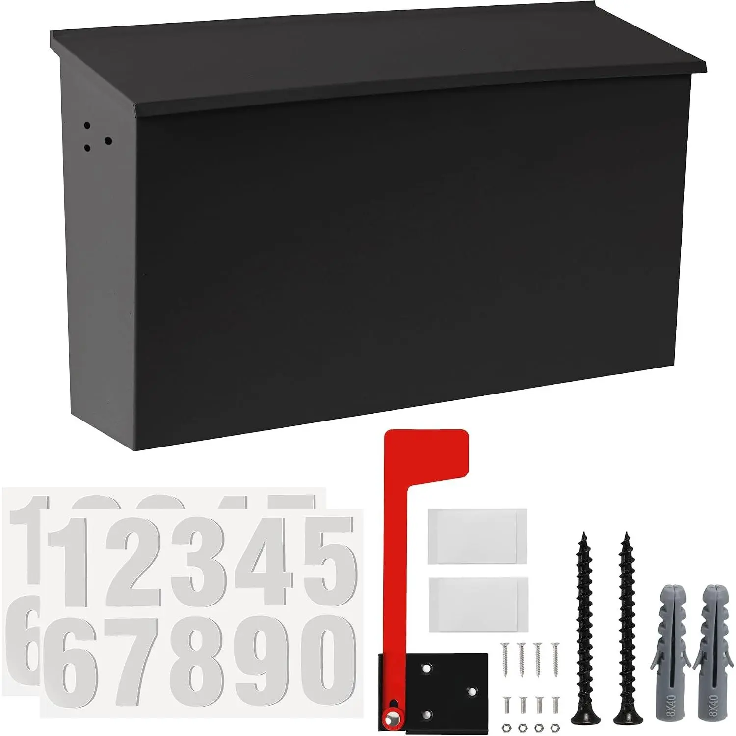 Carbon Steel Wall-Mounted Mailbox Set with Flag, Number Stickers & Installation Kit - 15.74"x9.44"x4.72" Large-Capacity Front-Access Outdoor Mailbox for House Use