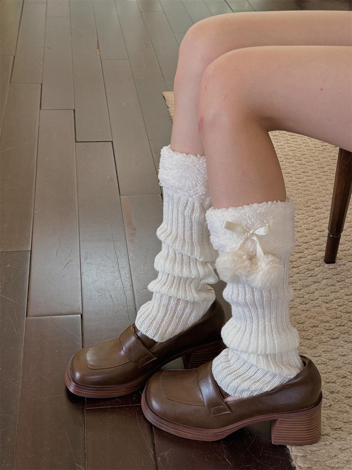 JK Leg Heaters Knitted Lamb Plush Ball Sock Lolita Thickened Winter Warm Socks Foot Cover Woolen Ball Stocking Women Leg Warmers