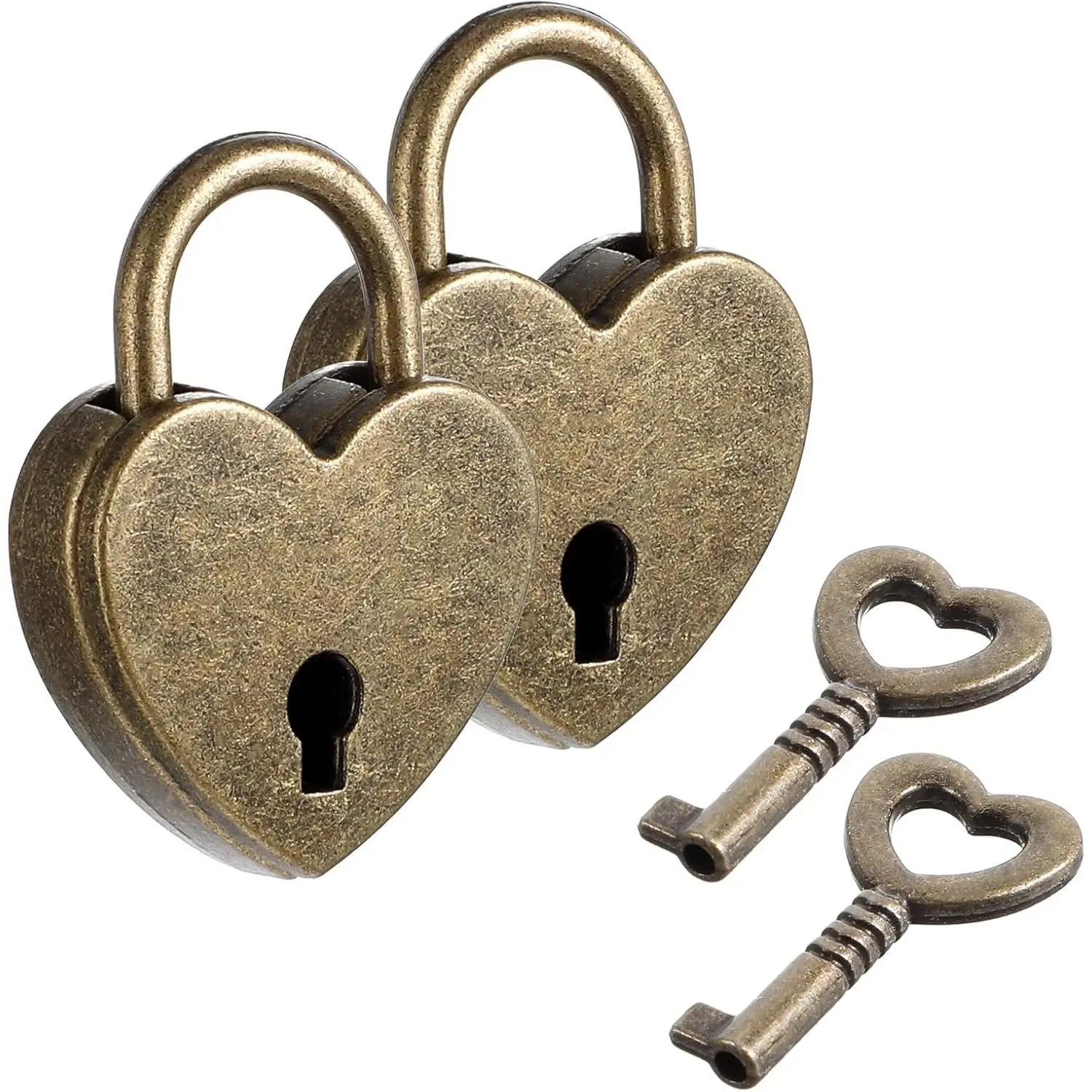 JJUNW 2Pcs Heart Shape Antique Look Bronze Metal Padlocks with Keys, Small Hardware Diary Locks for Jewelry Boxes, Lockers