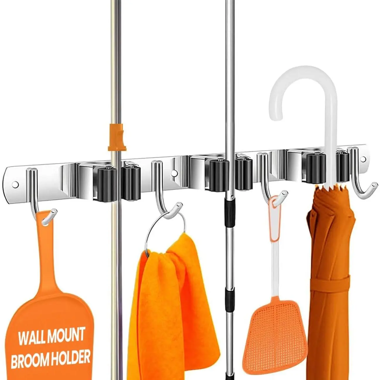 Compact Mop and Broom Holder Wall Mount – Stainless Steel Organizer with 3 Racks and 2 Hooks – Rust-Resistant, Space-Saving Tool Hanger for Closet, Kitchen, Garage, or RV