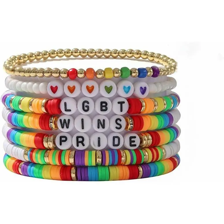 Rainbow LGBT Pride Bracelet Set  Heishi Beaded Colorful Bracelets for Women Men Elastic Love Wins Bracelet Friendship
