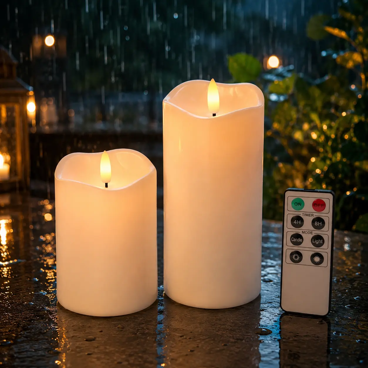 Wonder Fonder 2-Pack Adult Flameless LED Pillar Candles, IP44 Weatherproof Outdoor Lighting, 3"x4"/6" White, Remote Timer, Auto Shut-Off, Realistic Flickering Flame, 2400+ Hour Battery Life, 2 C Batteries Powered, Novelty Lights