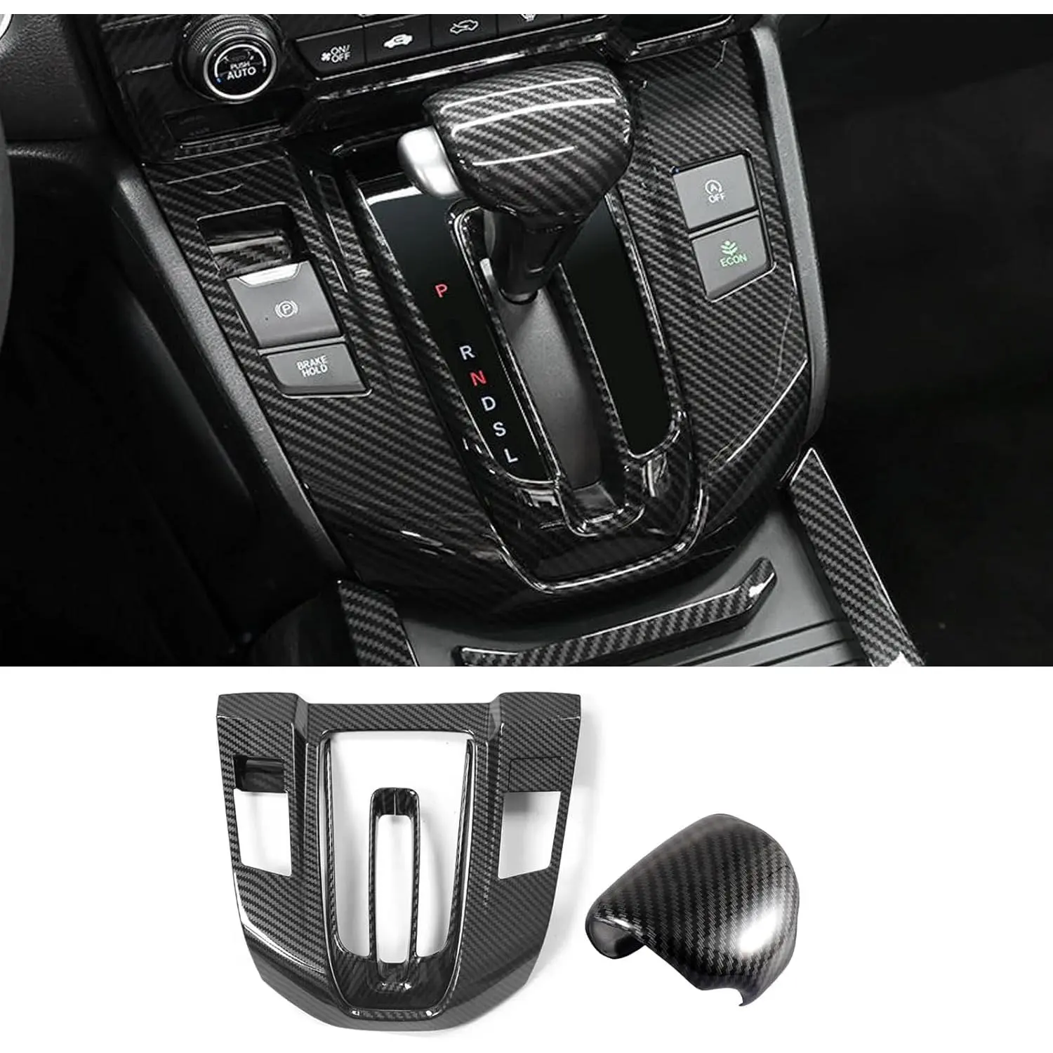 Carbon Fiber Car Gear Shift Box Panel Cover Set, ABS Adhesive Tape Scratch Guard with Inner Frame & Knob Cover, High-End Auto Interior Decoration Sticker for Honda CRV CR-V 2017-2022