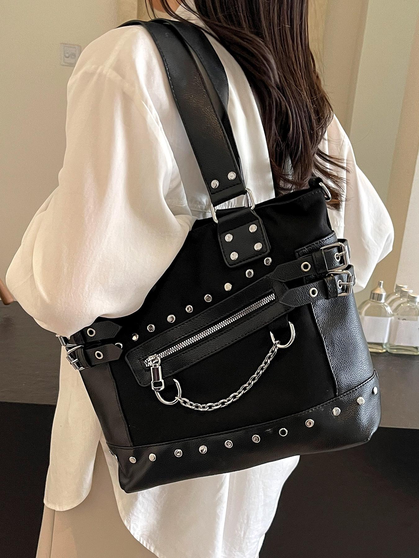 Niche Design Punk Style Rivet Chain Tote Bag, Casual Commuter Bag, Multi-pocket Functional Shoulder Crossbody Bag, Dark Hardware Decorated Handbag, Pu Tote Satchel, Street Style Fashion Trendy and Versatile, Suitable for Daily Travel, Etc