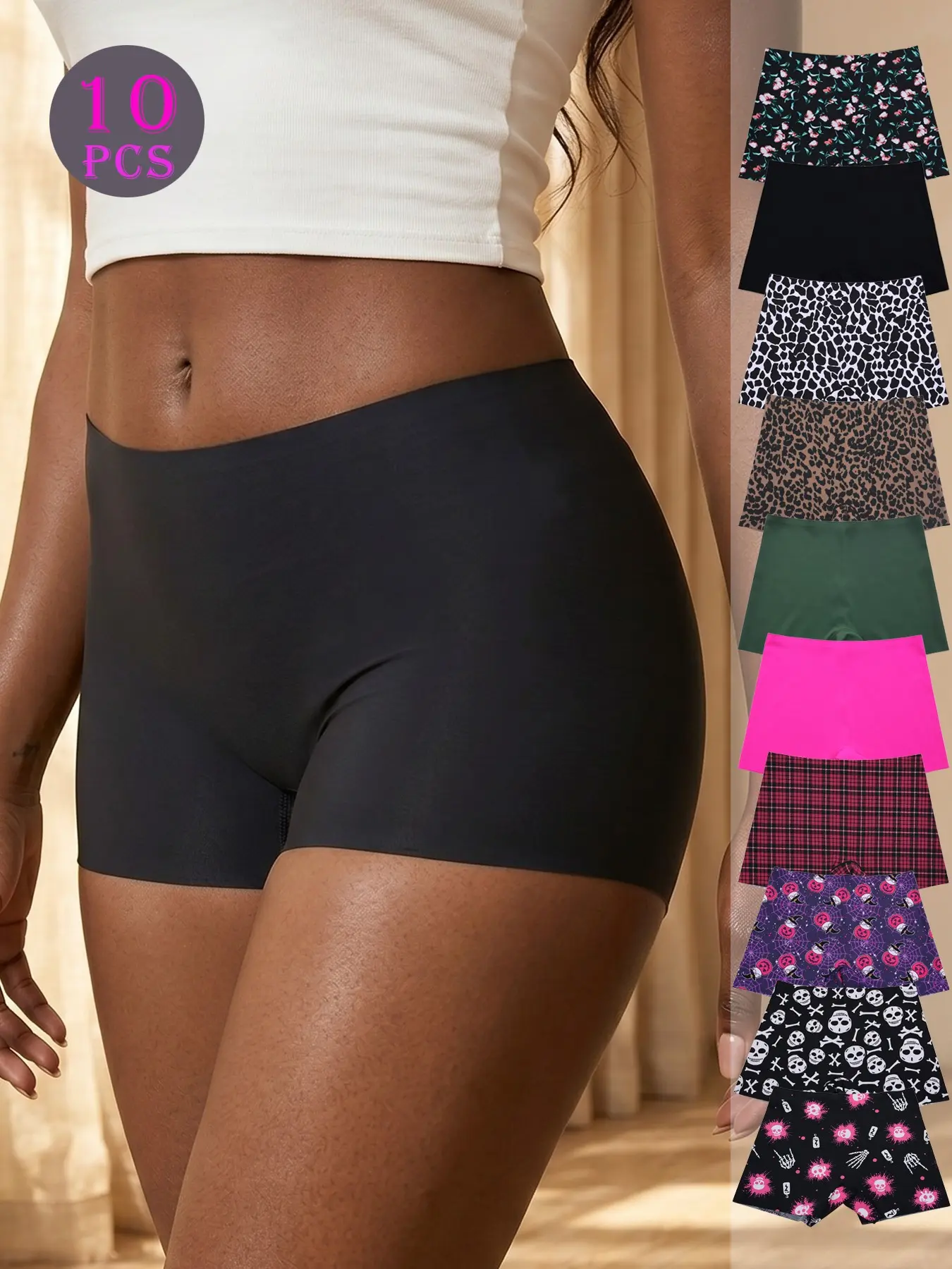 Women's Halloween 10-Pack Seamless Ice Silk Smooth Leopard Print Panties, Fitted Natural Waist, Anti-Runaway, Casual All-Seasons Underwear, Casual Comfy Panties