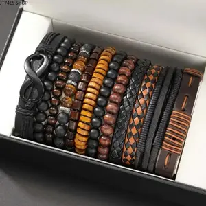 12 Pack Men Elastic Beaded Bracelets, Natural Coconut Shell Wooden Stretch Strand Bracelet Set, Daily Stackable Hand Jewelry Without Gift Box