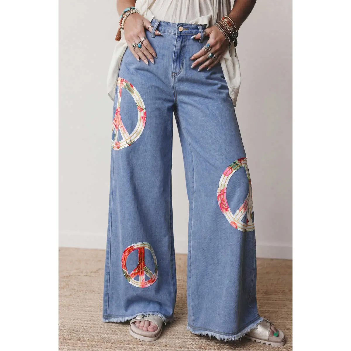 Women's Boho Denim Wide Leg Jeans - Casual Baggy Cotton-Viscose Full Length Patchwork Pants with Graphic Floral Peace Sign Embroidery, Raw Hem for Trendy Fashion (Boho Clothes for Women)