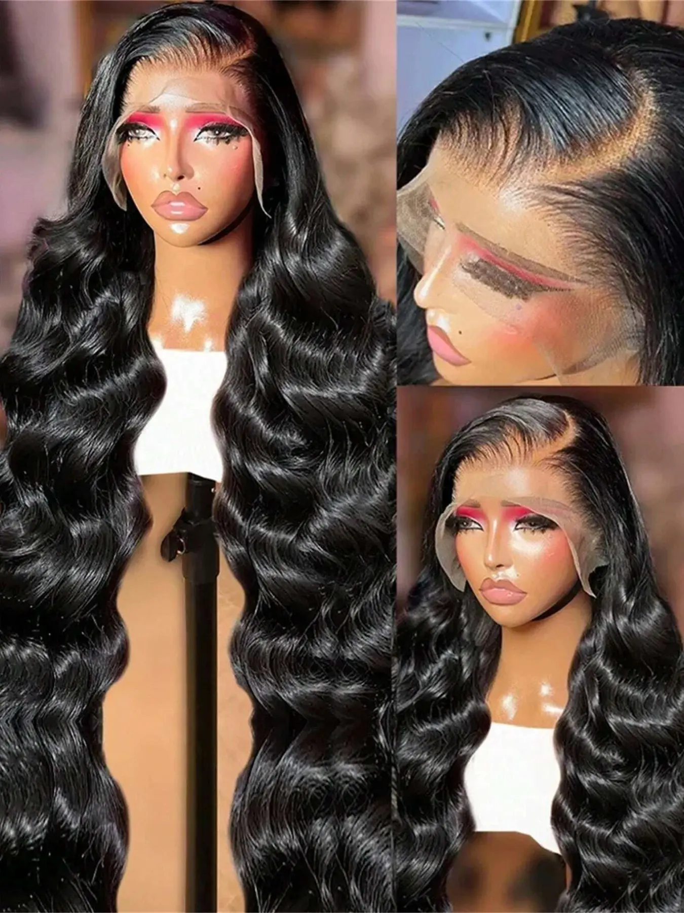 36Inch Body Wave 13x6 Lace Front Wig Natural Black HD Transparent Lace Frontal Wigs Synthetic Hair Pre Plucked Wavy Wig 200% Density Curly Wigs For Women Daily Wear Fluffy Wave Wig