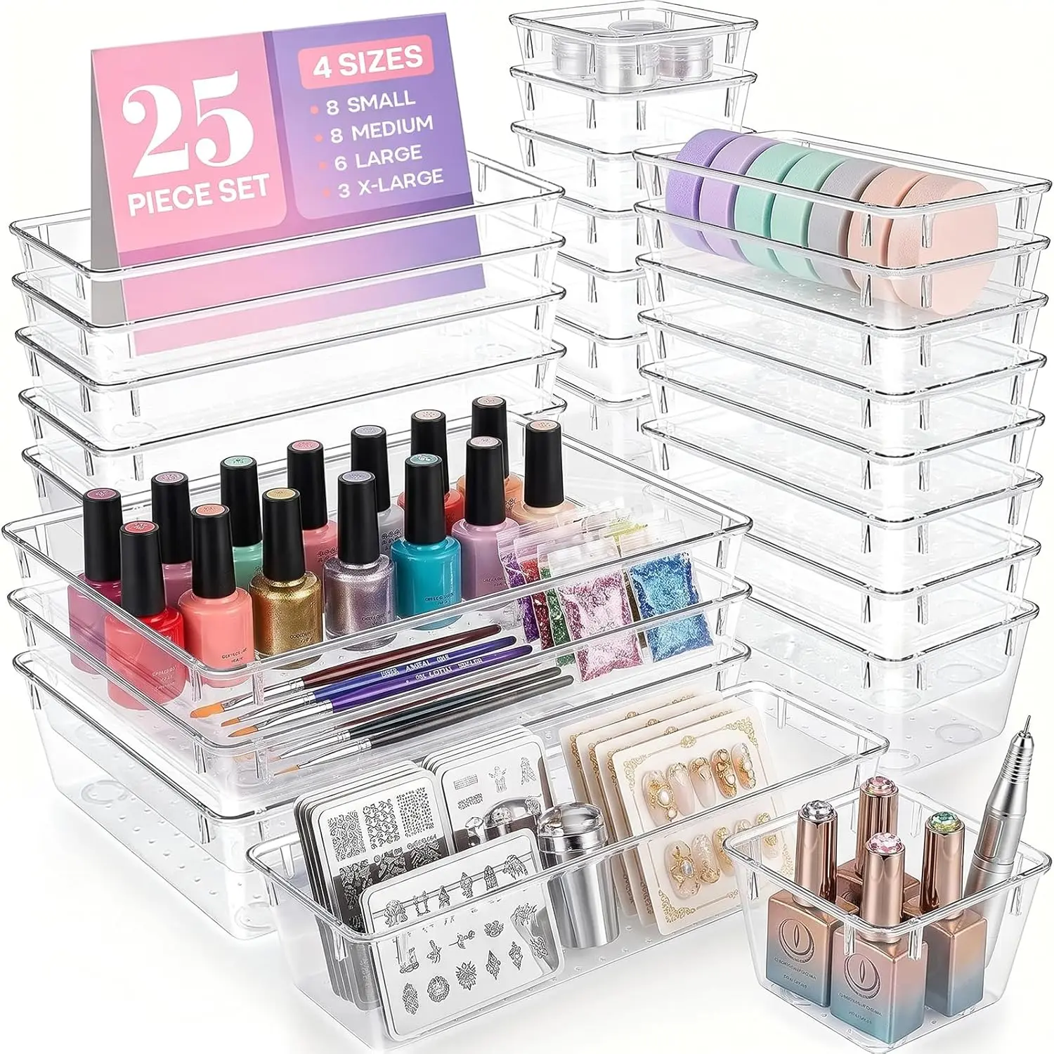 Stackable Clear Drawer Organizer Set 8 & 25 Pack, 4 Mixed Size Anti-Slip Storage Divider Trays, See-Through Plastic Sorting Bins for Kitchen Utensils, Bathroom Toiletries, Desk Stationery, Dorm & Small Apartment Clutter Solution Gift