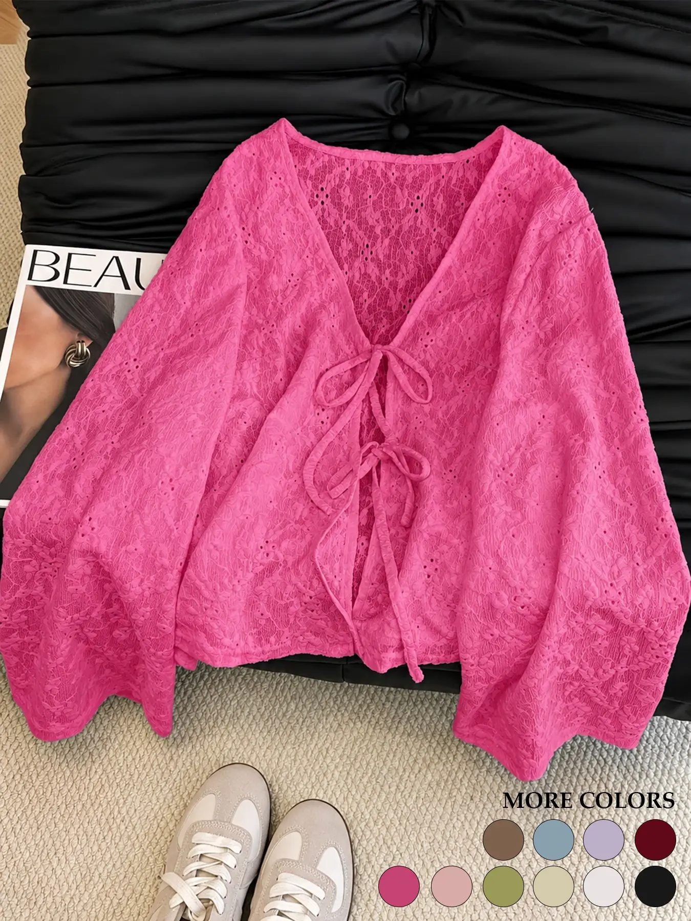Plus Size Women’s Solid Color V Neck Tie Front Blouse Shirts Tie Up Shirts, Floral Jacquard Textured Casual Long Sleeve Top for Spring Fall Daily Wear