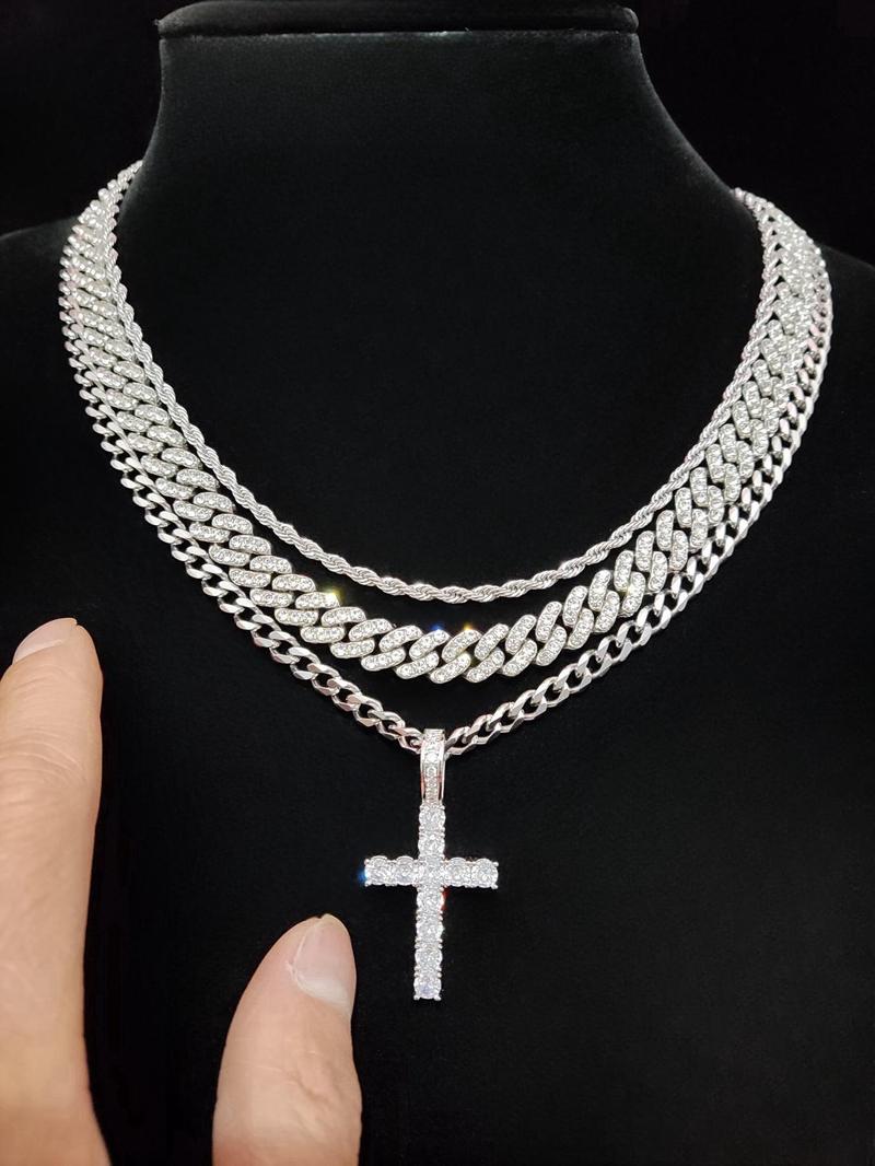 Street Style Artificial Zircon Inlaid Iced Out Cross Pendant & Cuban Chain Necklace, Fashion Jewelry for Party, Daily Clothing Decor, Trendy All-match & Exquisite Jewelry for Birthday Gift