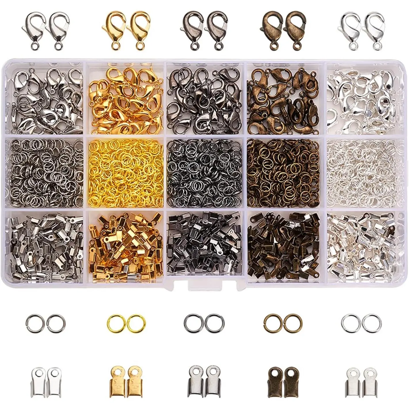 1800 count  Finding Kits, 5 Colors Cord Ends Lobster Claw Clasps 5mm Jump Rings for Earring Bracelet Necklace Pendants  DIY Craft Making, 24 Styles/Set