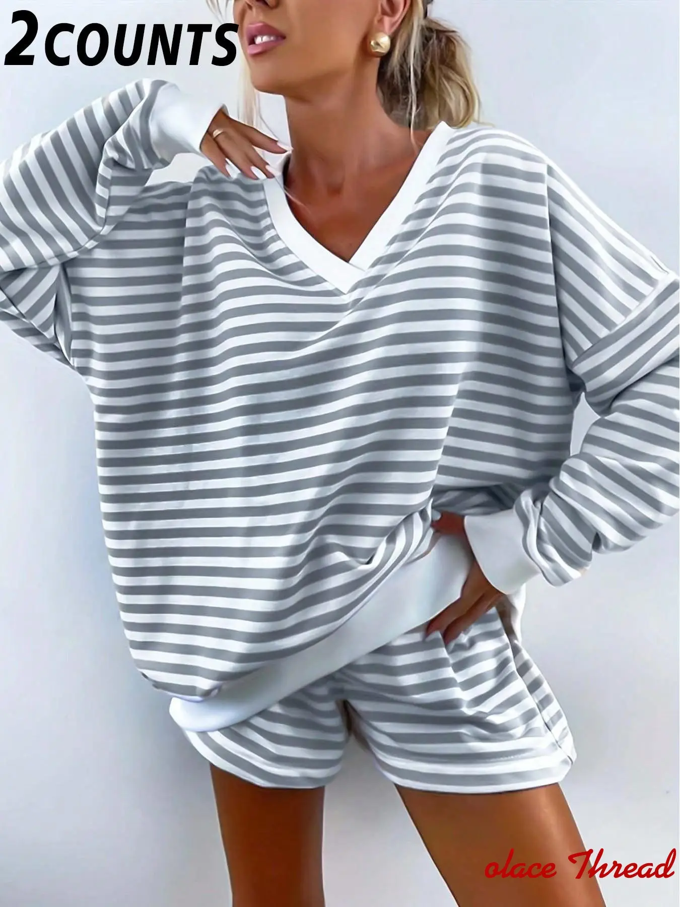 Women's Classic Striped Pajama Set, Long Sleeve Short Pants, V-Neck Design, Multiple Colors Available, Fashionable and Comfortable Sleepwear
