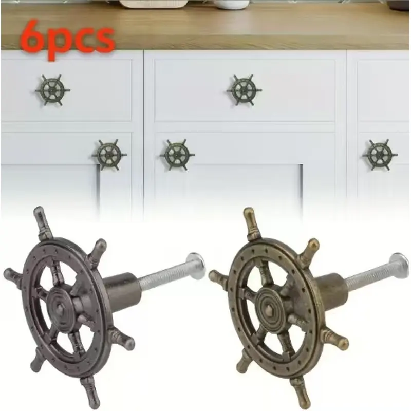 6 pcs navigation ship wheel knob handle, zinc alloy, antique finish, suitable for drawer doors, including installation hardware.