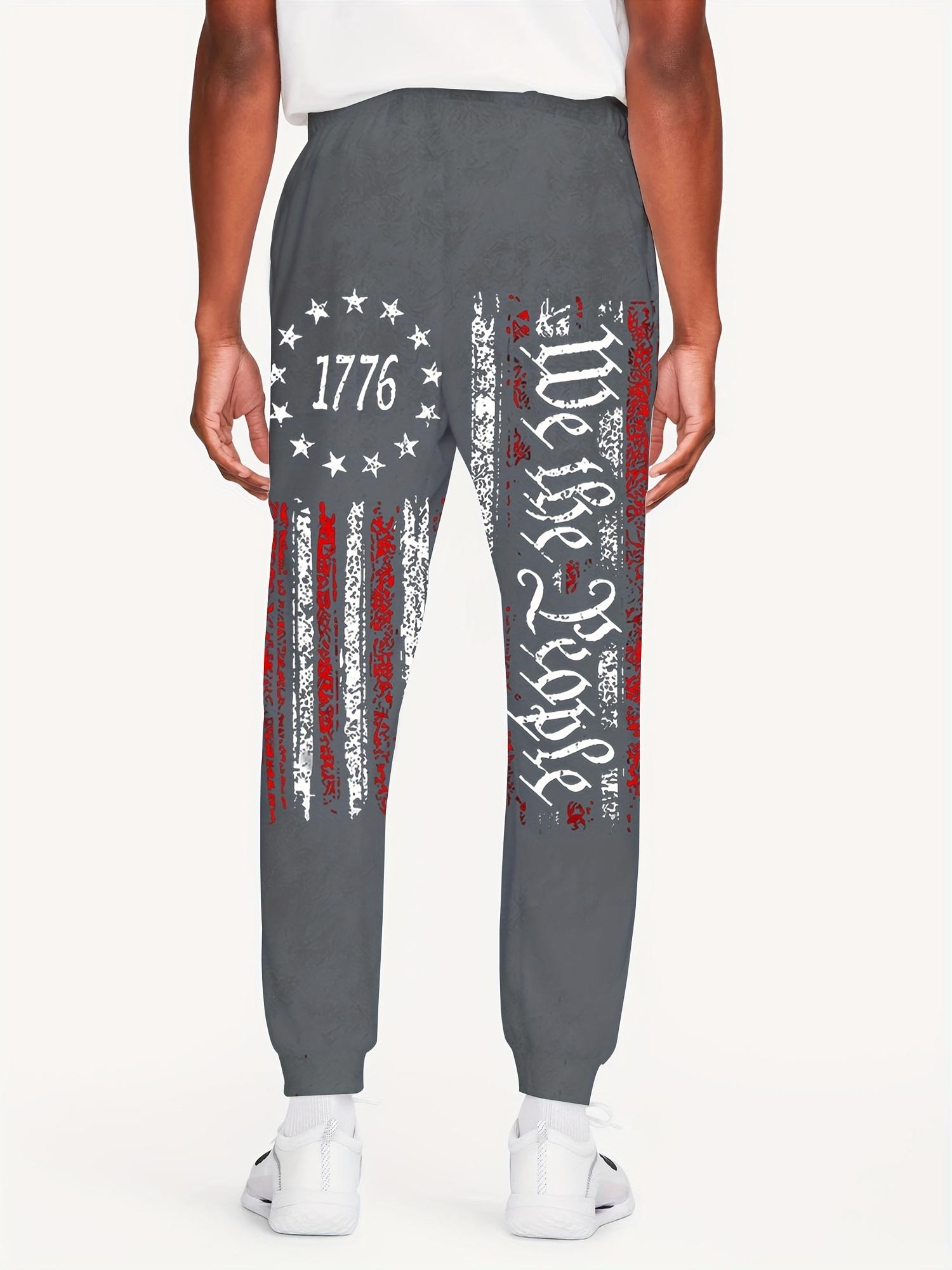 Men's patriotic 1776 flag and Declaration of Independence printed running pants - casual sports ankle pants with drawstring, machine washable polyester fiber, perfect for celebrating