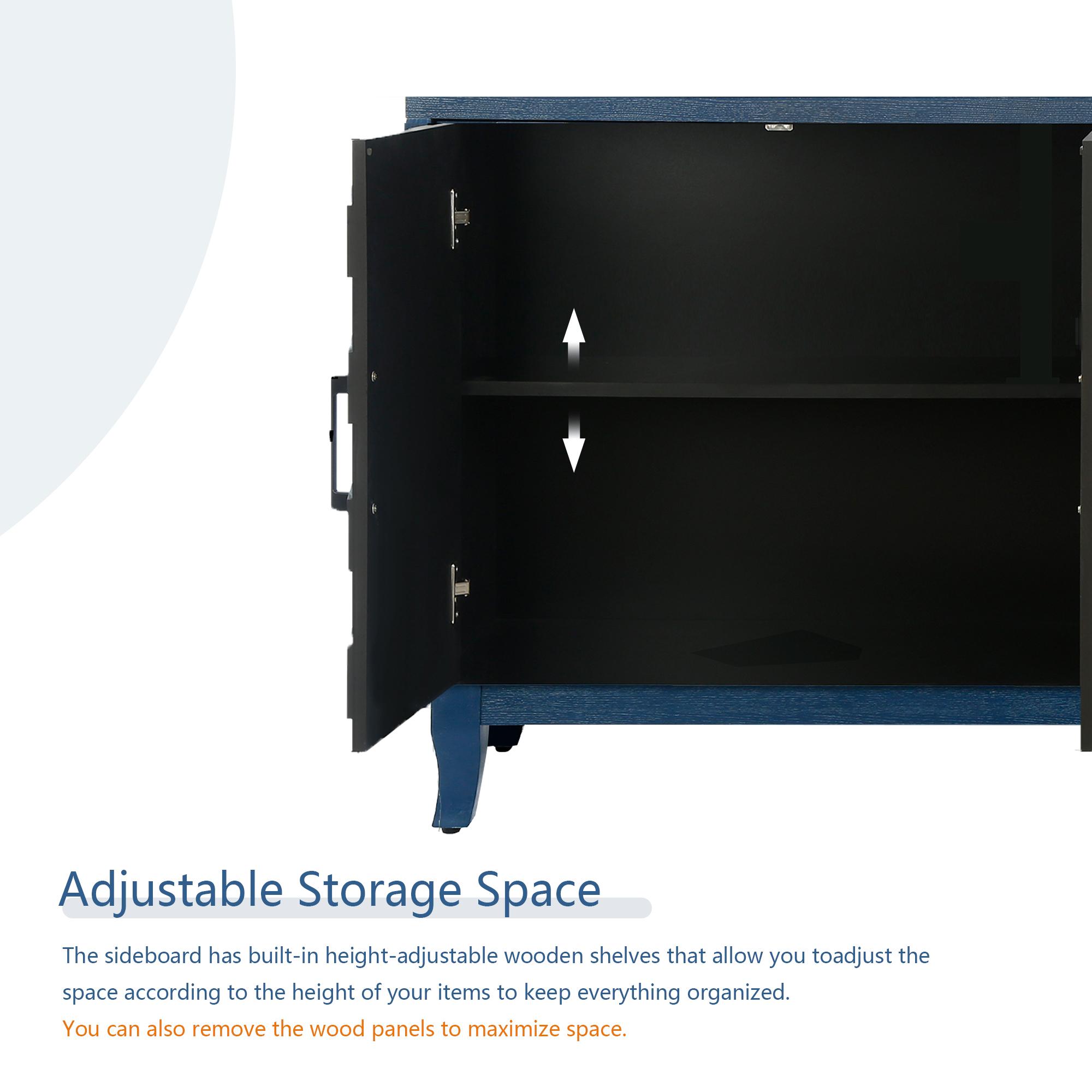 Retroy Vintage 4-Door Credenza Cabinet - 60" Navy Blue Storage Buffet with M-Shaped Panel Doors, Solid Wood Base for Dining Room & Living Room