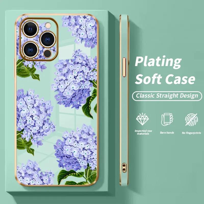 Electroplated TPU Phone Case Lavender Hydrangea Grace Pattern Classic Straight Design Scratch Resistant Softcase for iPhone 17 15 Pro Max 16 14 Plus 13 12 11