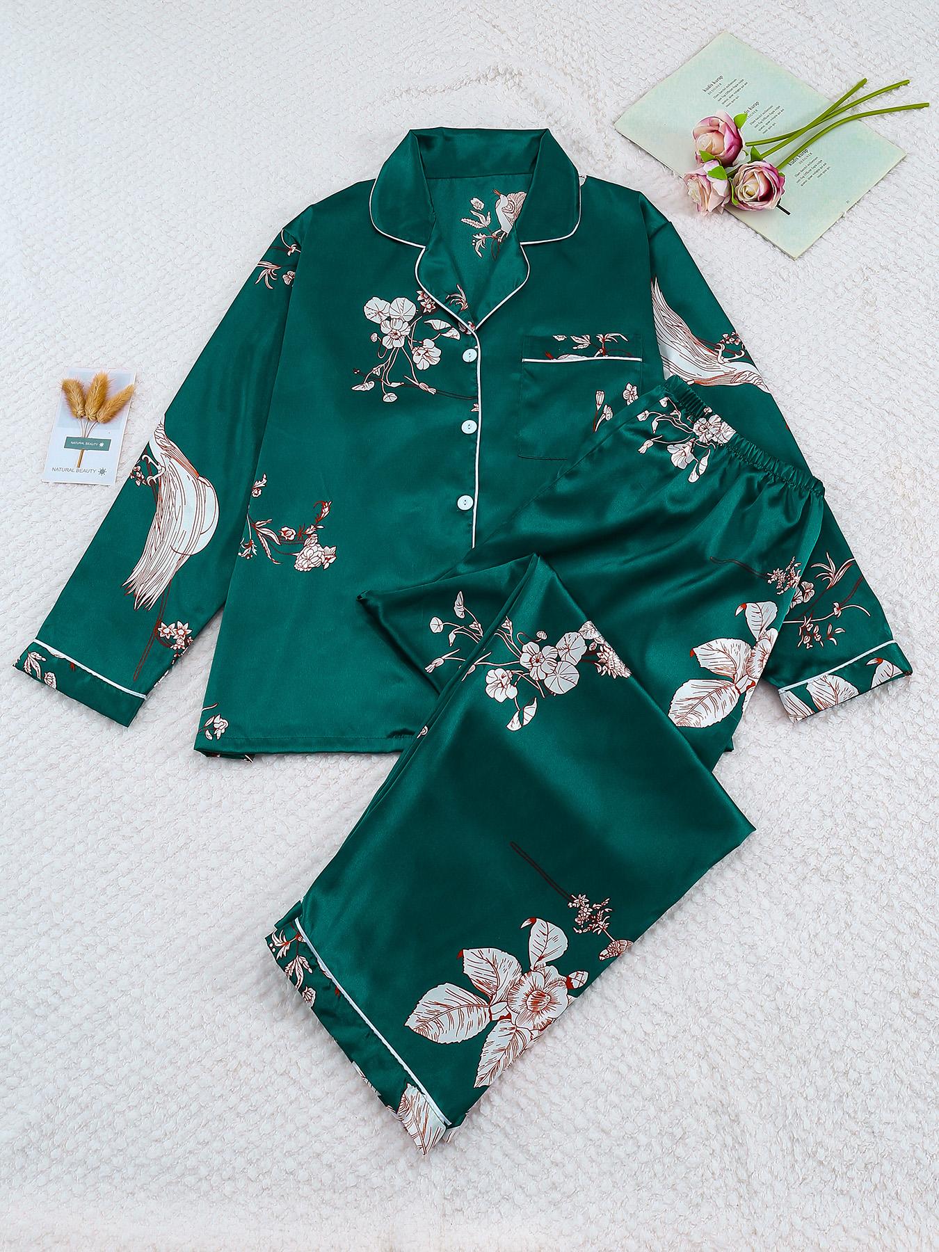 【Plus Size】 Two-Piece Set All Over Print Button Front Shirt & Pants Satin Pyjama Set, Casual Comfy Long Sleeve Top & Trousers PJ Set, Women's Sleepwear for Spring & Fall