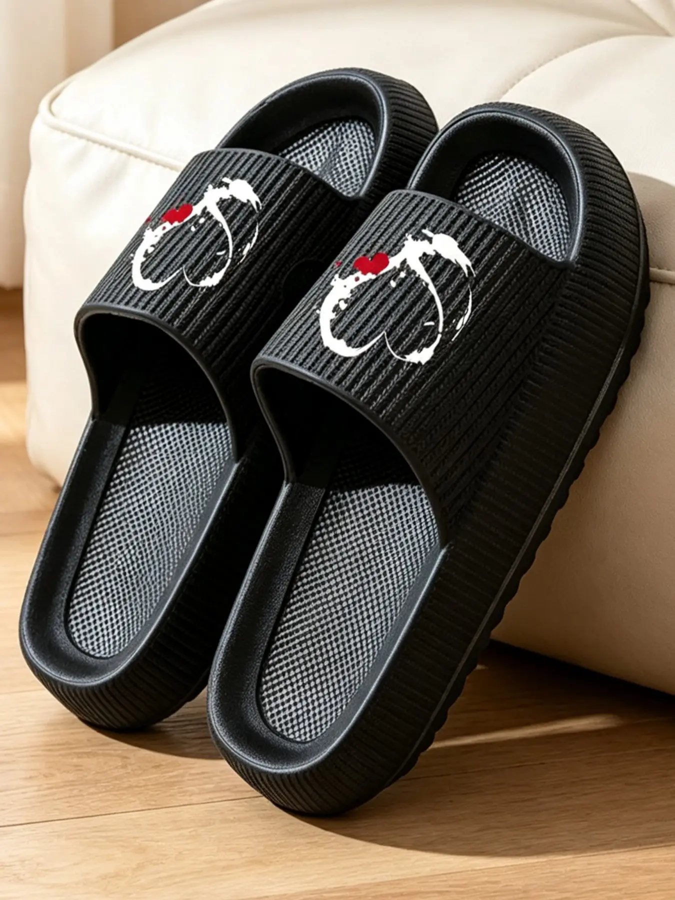 Couple Matching Heart Print Slippers, Thick Sole Non-Slip Soft Pillow Slides, Indoor Outdoor Use, Runs Small, Size Up One Size