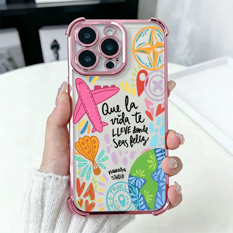 Colorful Travel Airplane Globe Doodle Phone Case，Cute Hand Drawn Wanderlust Style for iPhone 17 16 15 14 13 12 11 Plus Pro Max, Travel Lover Casual Present