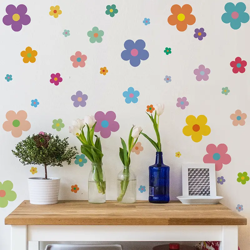 Colorful Pastel Flower Wall Stickers, Floral Pattern Sticker, Self Adhesive Boho Daisy Floral Wall Decals for Kids Bedroom Nursery Living Room Window Decor, Cute Rainbow Flower Peel and Stick Wall Art Mural