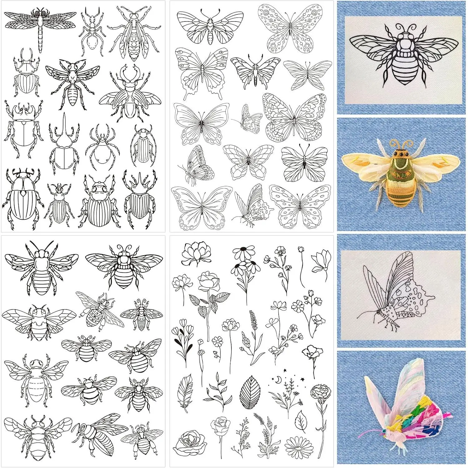 Water Soluble Embroidery Patterns - 4 Sheets  Stick and  Embroidery Paper Designs, Butterfly  Flower Theme Wash  Transfer Paper Stabilizers for Hand Sewing Lovers