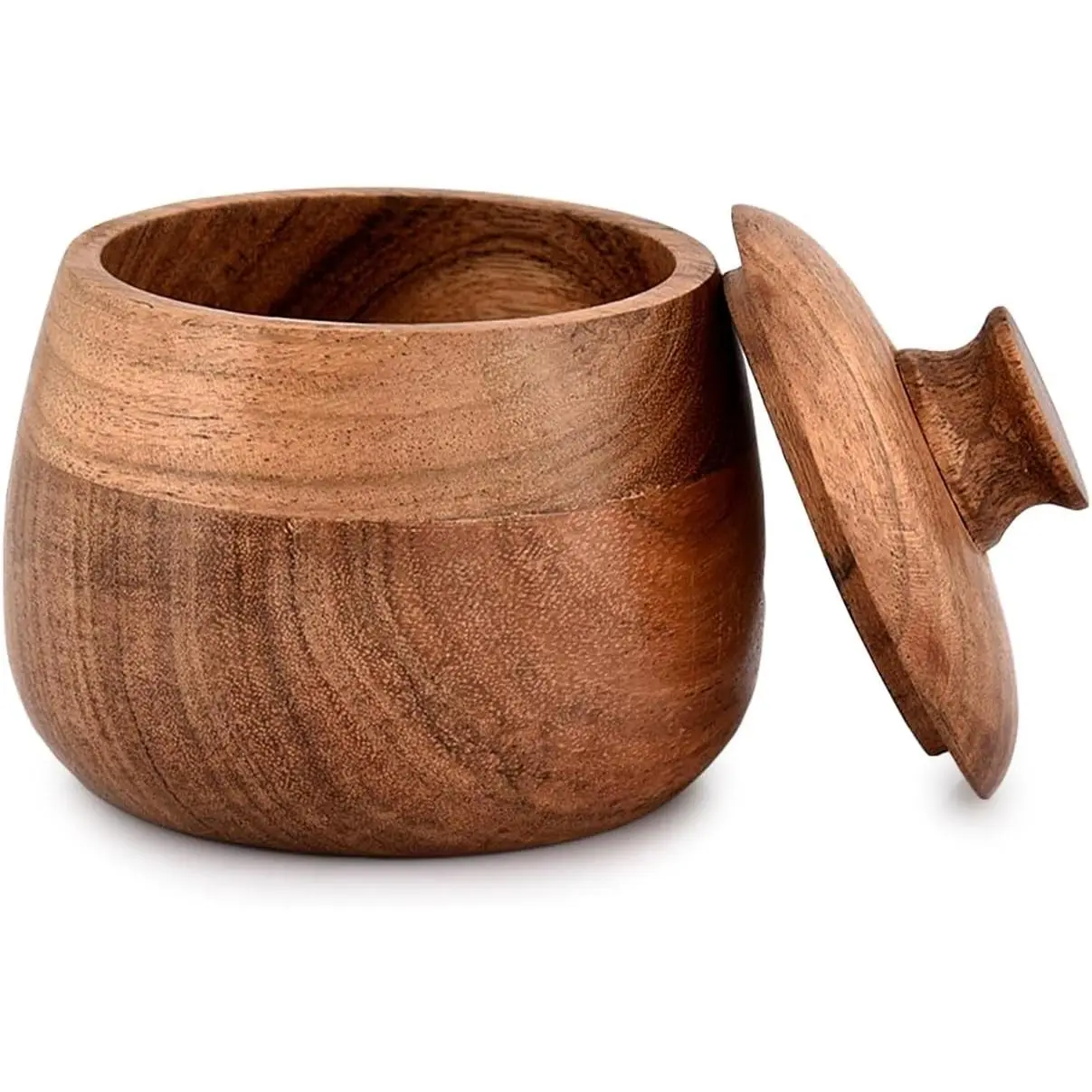 Round Acacia Wood Condiment Pot With Lids, for Salt Sugar Pepper or Chili Powder, Set Of 2 for Kitchen, Serving, Condiment, (3" x 3" x 4”)