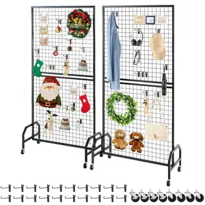 VEVOR 2 Packs Grid Wall Panels, 2.9x 5.9 ft Wire Grid Panels Display Rack, Movable Art Display Shelf with Wheels and 10 Hooks, Black Carbon Steel Gridwall for Craft Show, Decor, Storage, Notice Board